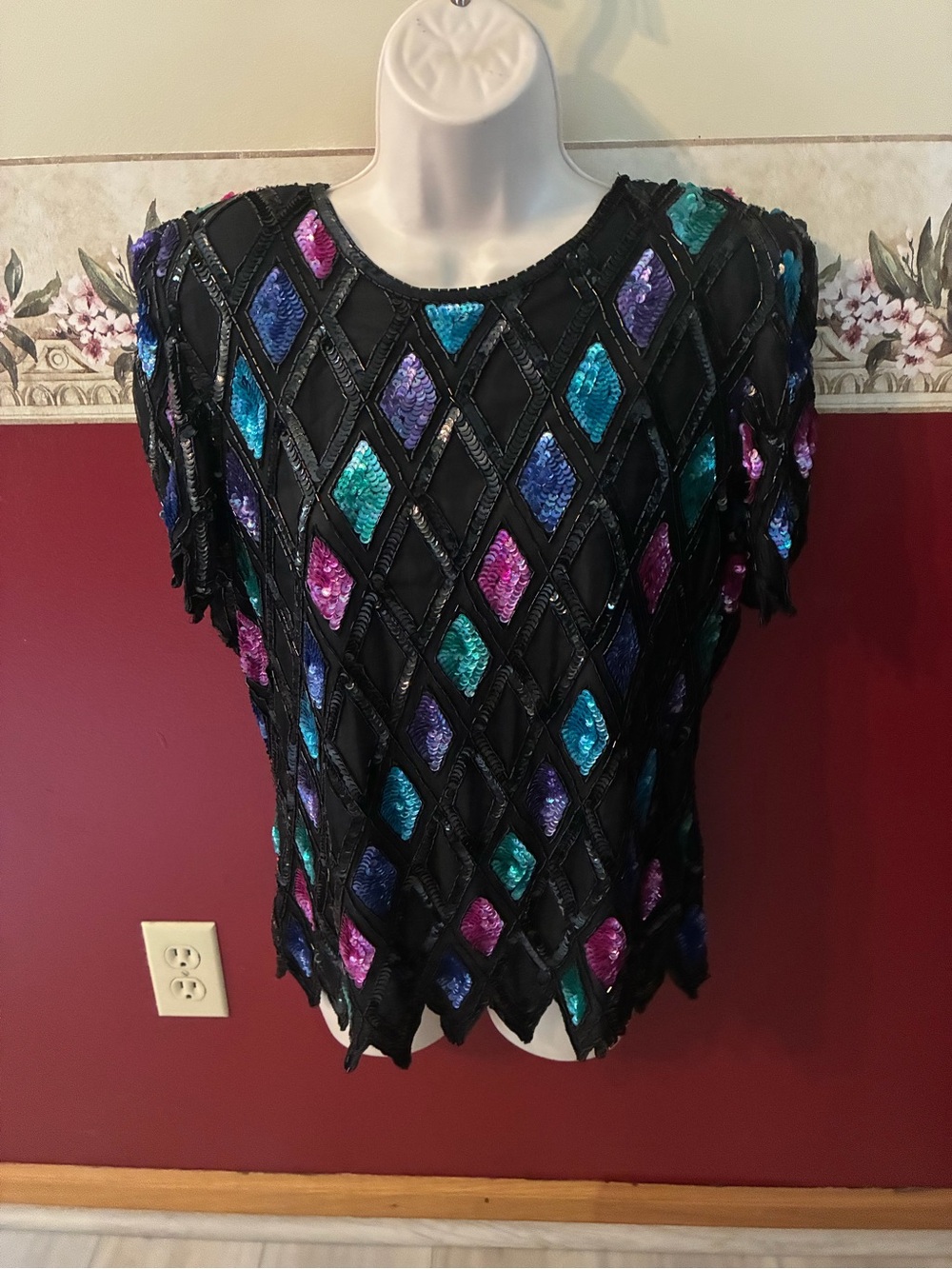 Sequin Diamond-Pattern Black Party Top with Teal, Purple & Fuchsia Accents